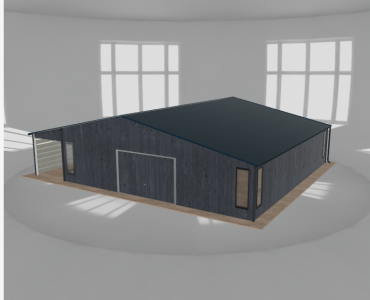 Plechová garáž 9,5x10 m, so skladom a prístreškom, grafit drevodekor – Model 2