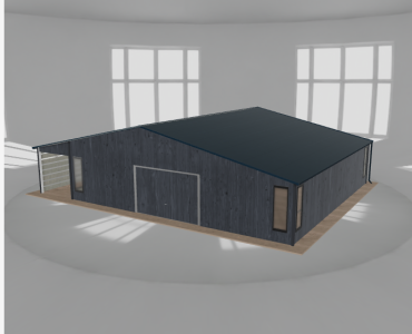 Plechová garáž 10x9,5 m, so skladom a prístreškom, grafit drevodekor – Model 2