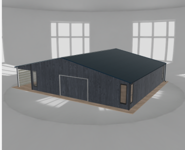 Plechová garáž 10x10 m, so skladom a prístreškom, grafit drevodekor – Model 2