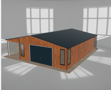 Plechová garáž 6x9,5 m, s prístreškom, drevodekor