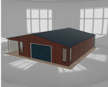 Plechová garáž 7x9,5 m, s prístreškom, drevodekor