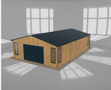 Plechová garáž 6x9,5 m, so skladom, drevodekor