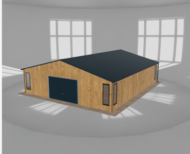 Plechová garáž 8,5x10 m, so skladom, drevodekor – Model 2