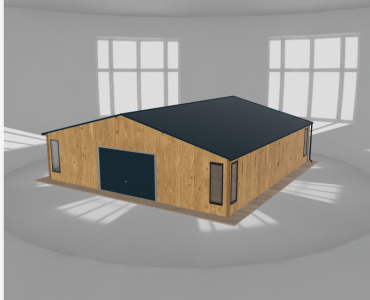 Plechová garáž 9x9,5 m, so skladom, drevodekor – Model 2