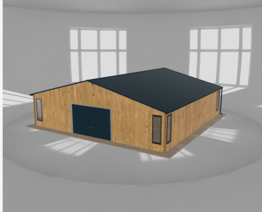 Plechová garáž 9,5x9,5 m, so skladom, drevodekor – Model 2