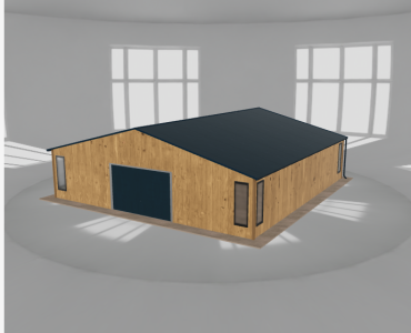 Plechová garáž 9,5x10 m, so skladom, drevodekor – Model 2