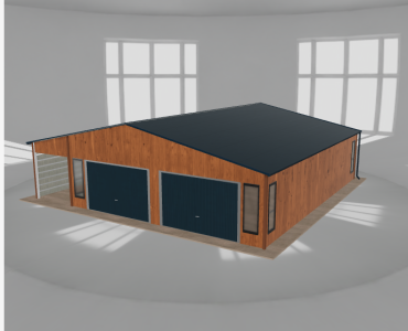 Plechová garáž 8x10 m, s prístreškom, drevodekor – Model 2