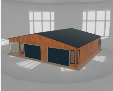 Plechová garáž 8,5x9,5 m, s prístreškom, drevodekor – Model 2