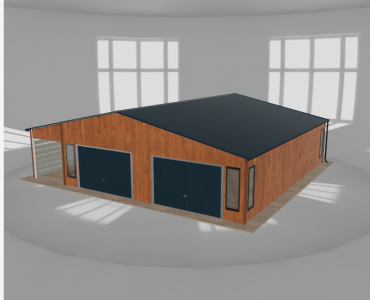 Plechová garáž 8,5x10 m, s prístreškom, drevodekor – Model 2