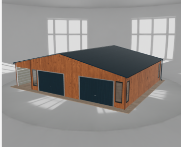Plechová garáž 9x9,5 m, s prístreškom, drevodekor – Model 2