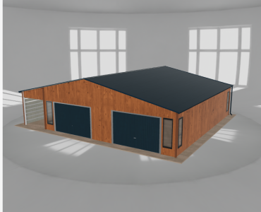 Plechová garáž 9x10 m, s prístreškom, drevodekor – Model 2
