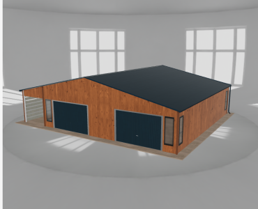 Plechová garáž 9,5x10 m, s prístreškom, drevodekor – Model 2