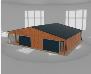 Plechová garáž 10x9,5 m, s prístreškom, drevodekor – Model 2