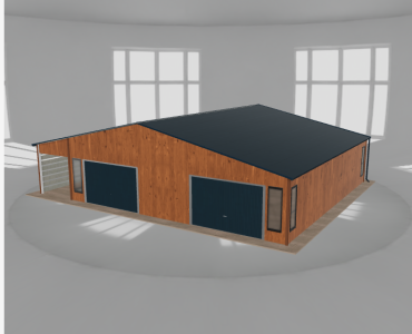 Plechová garáž 10x10 m, s prístreškom, drevodekor – Model 2